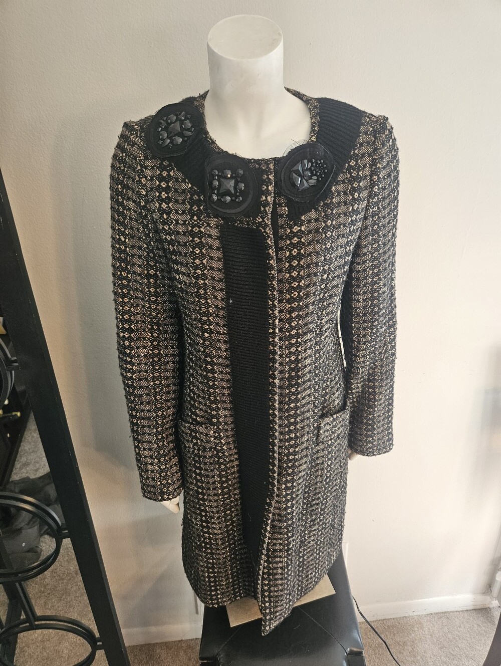 BCBGMaxAzria Black and Beige Tweed Mid-Length Coat with Embellished Collar